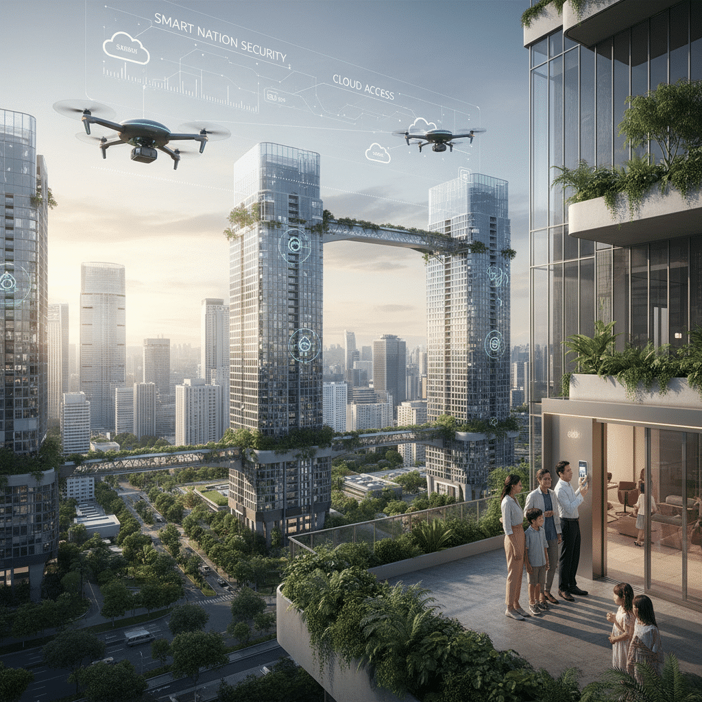 Smart Access Control Trends in Singapore 2025 An illustration of a high-tech smart access control system in a modern Singapore commercial building, showcasing biometric scanners, AI analytics dashboard, and IoT-connected sensors integrated for security and building management.