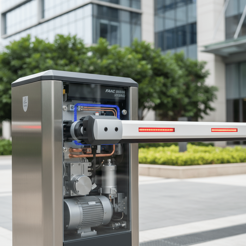 Automatic Barriers Singapore 2025: Boosting Security & Efficiency Close-up of the FAAC B680H Hybrid automatic barrier arm showing its hydraulic system, safety encoders, and sleek design, highlighting its technological features and suitability for Singapore’s urban environment.
