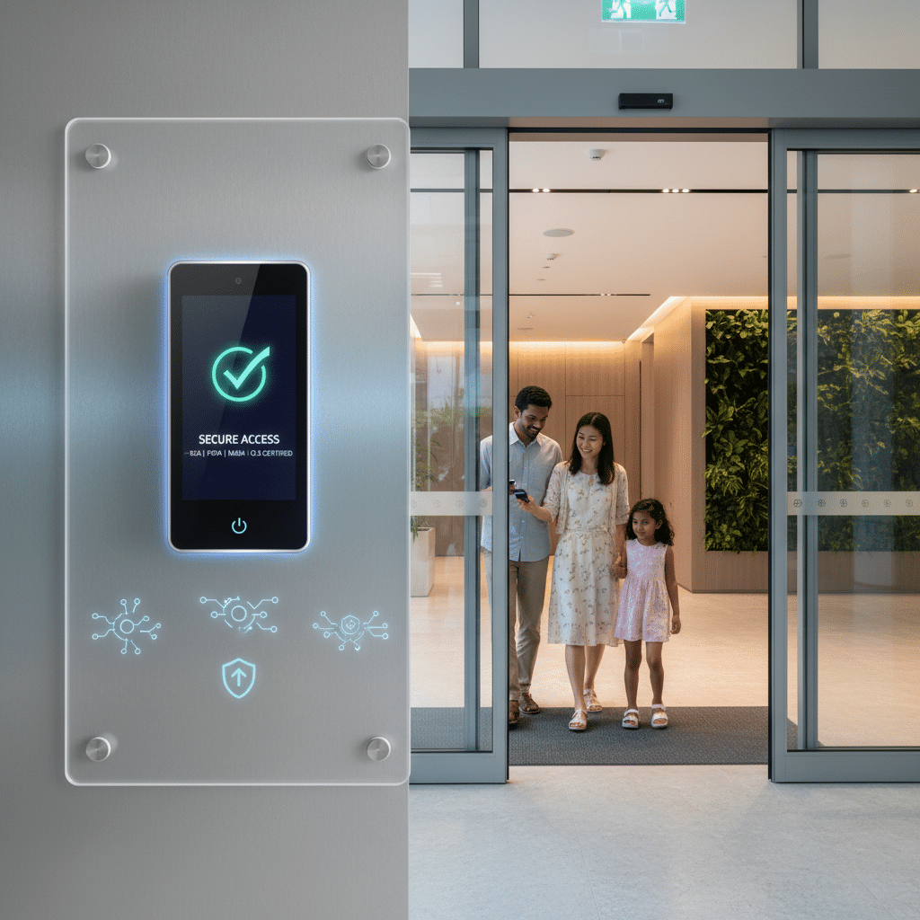 Smart Access Control Standards Singapore 2025 A visual representation of Singapore's 2025 regulatory environment for smart access control: showcasing icons or symbols for Cybersecurity Act compliance, Personal Data Protection Act, IMDA Cybersecurity Labelling Scheme, encrypted communication channels, secure firmware updates, and centralized cloud-based management, emphasizing security, compliance, and technology integration.