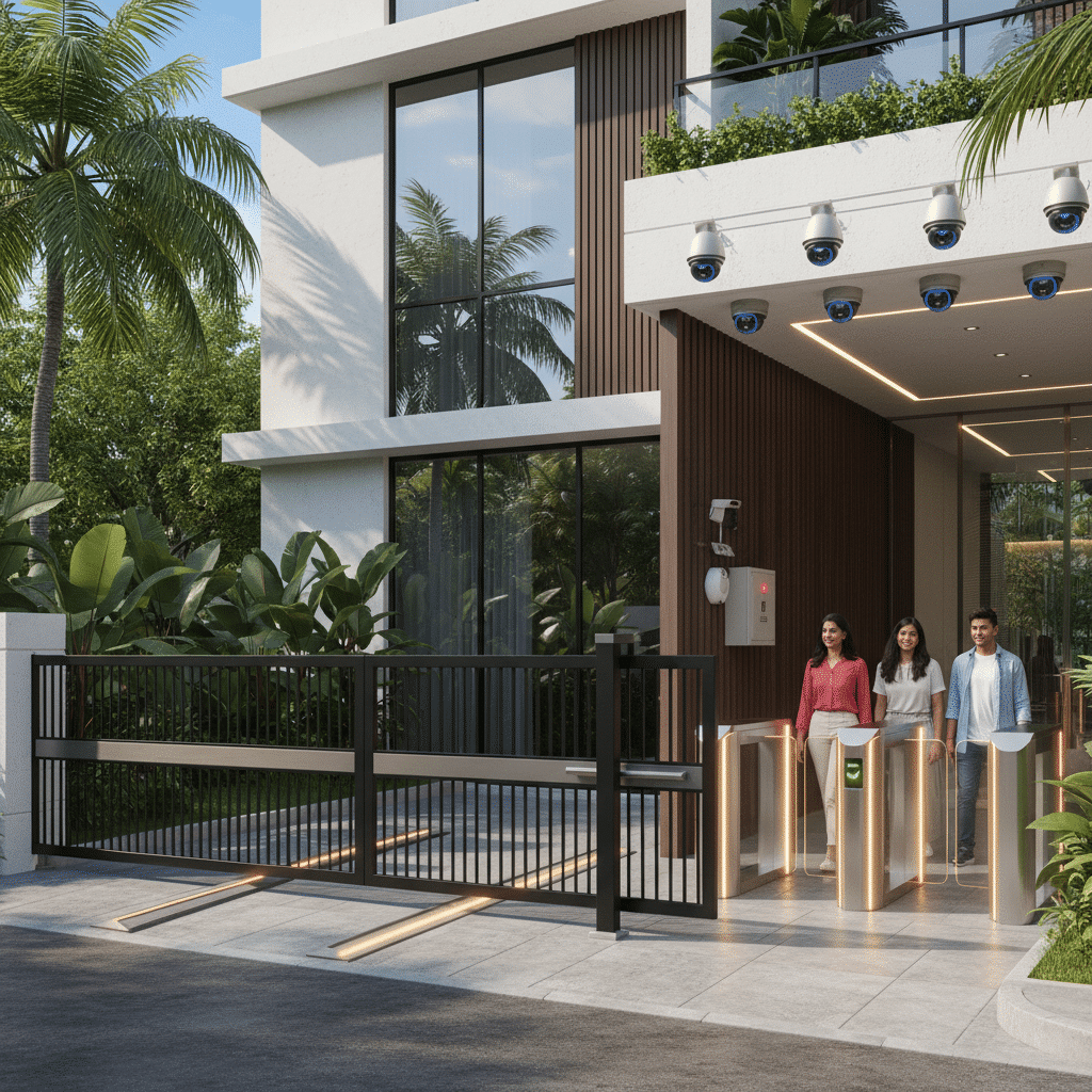 Automatic Doors, Gates, and Security Systems for Singapore Properties 2025 A futuristic building entrance in Singapore featuring advanced automatic sliding doors with integrated access control systems, showcasing seamless, contactless entry and high security.