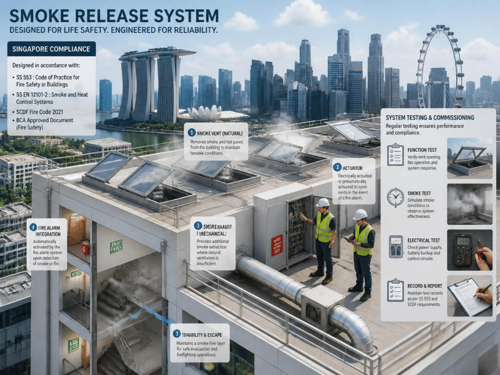 Smoke Release System Singapore: Fire Code & Testing What is a smoke release system, and how does it work?