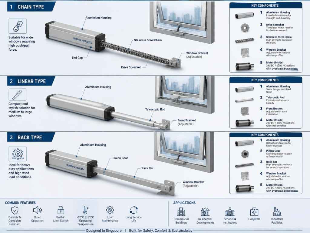 Window Actuator Singapore: Chain, Linear & Rack Types What is a window actuator, and what does it do?