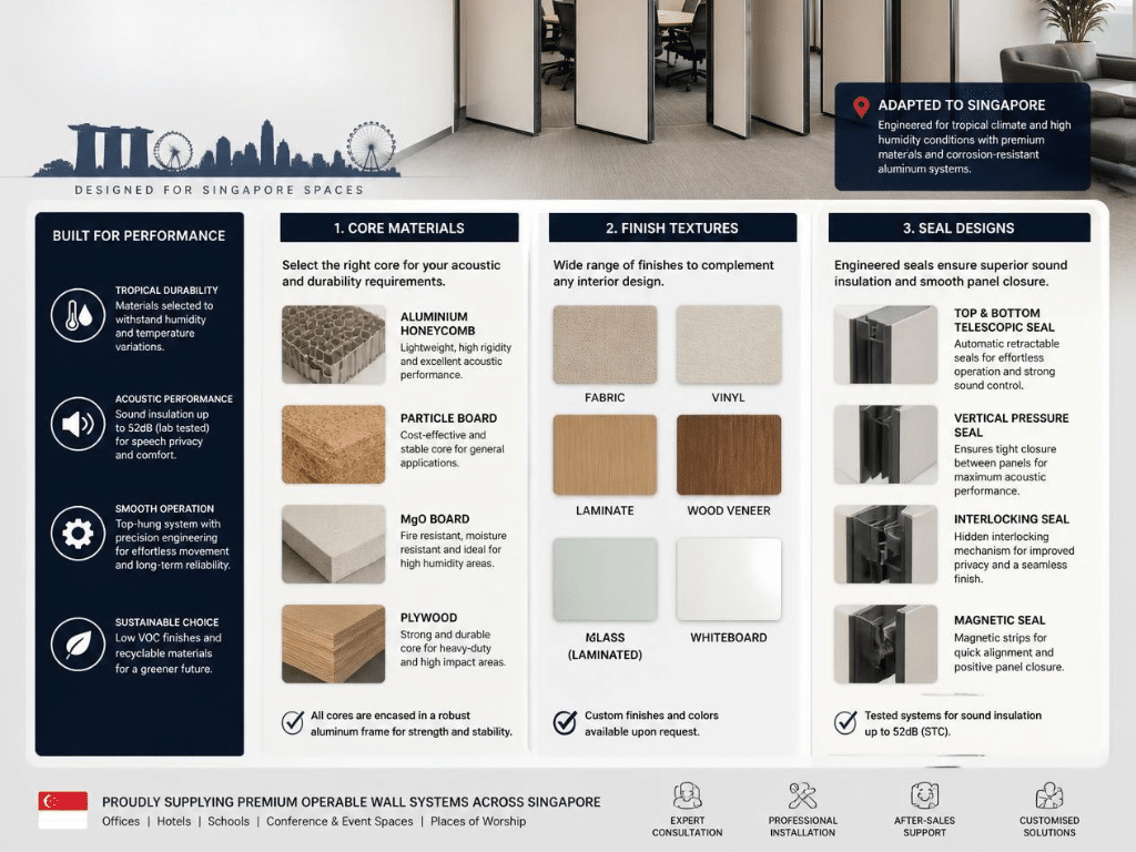 What core materials are used in operable wall panels?